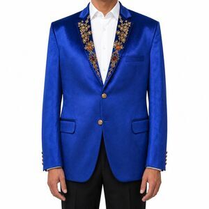 Mens 46R Royal Blue Velvet Blazer Hand Embroidered Jeweled Wedding Tuxedo Groom